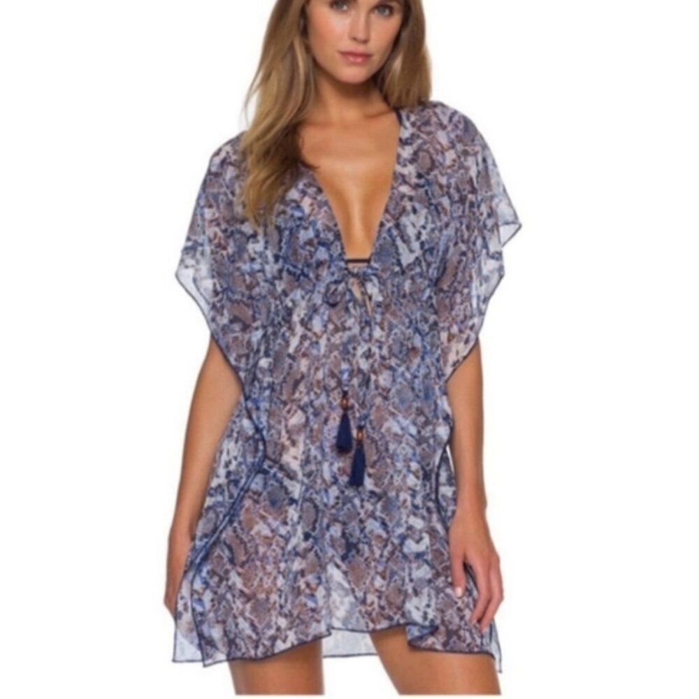 Becca Swim blue brown animal snakeskin print v-neck sheer mini dress coverup